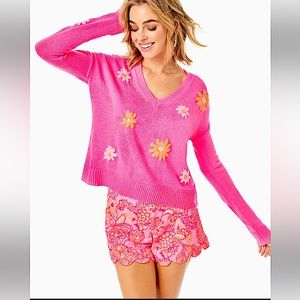 🌸 Lilly Pulitzer Tensley Sweater, Aura Pink Blooming Embroidery, XL, NWT